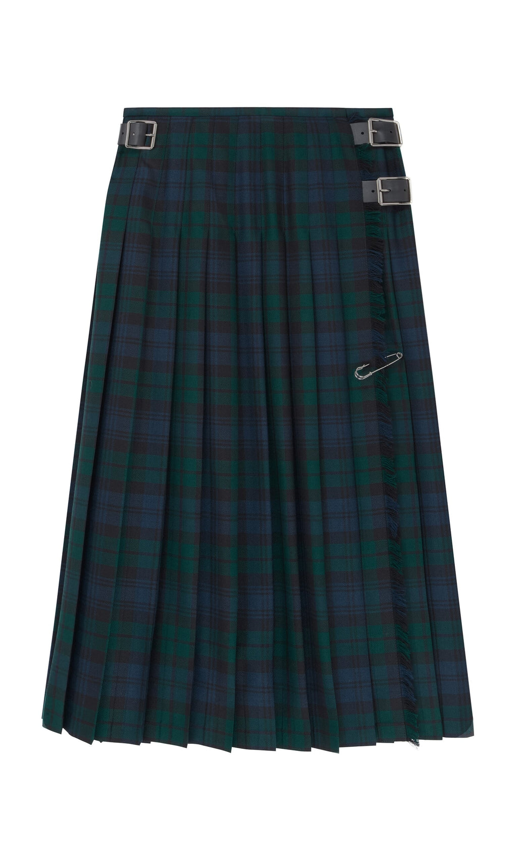 Plümo- The Blackwatch Kilt features pleated green and navy tartan, two black buckles, and a silver safety pin detail.