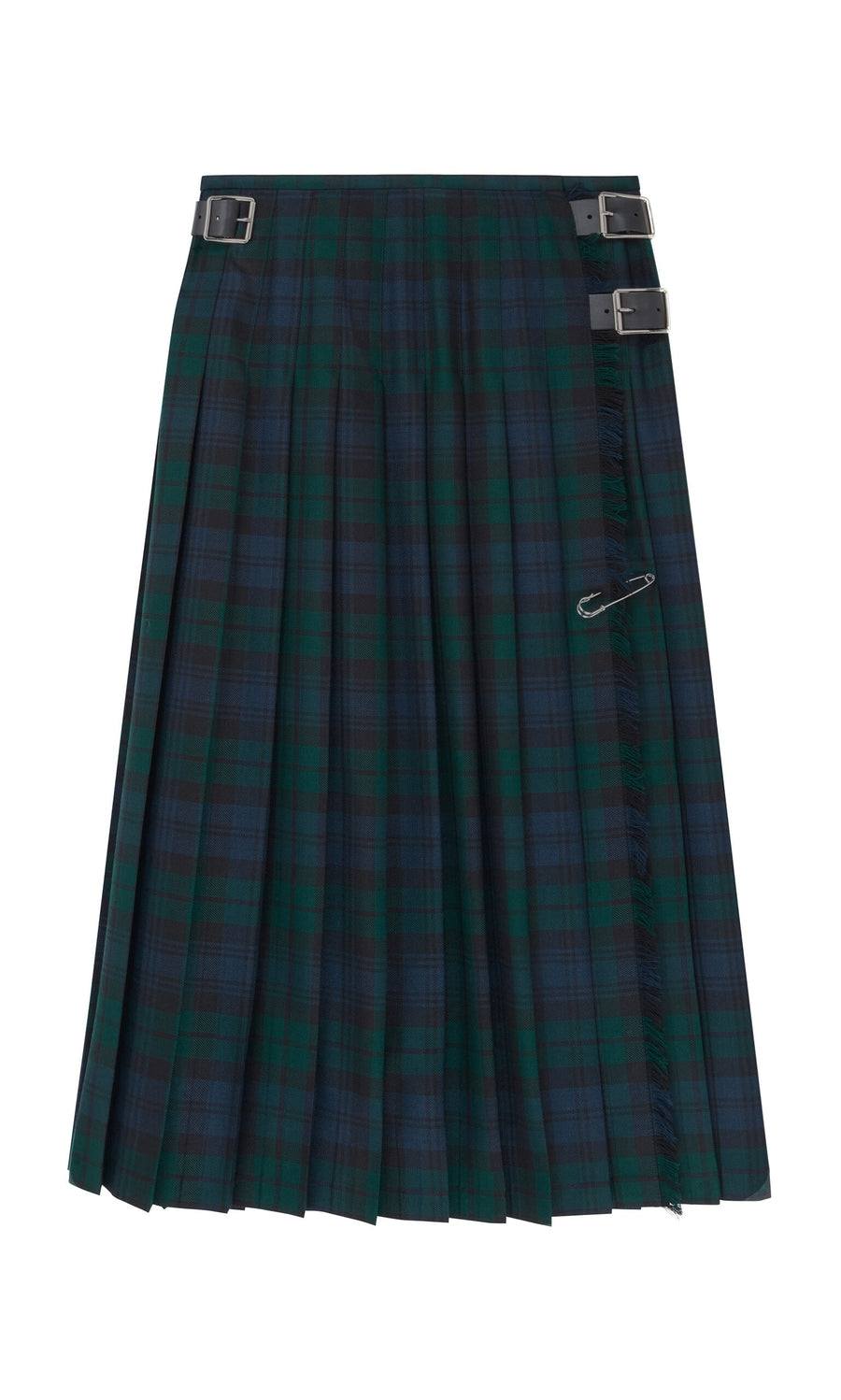 Plümo- The Blackwatch Kilt features pleated green and navy tartan, two black buckles, and a silver safety pin detail.