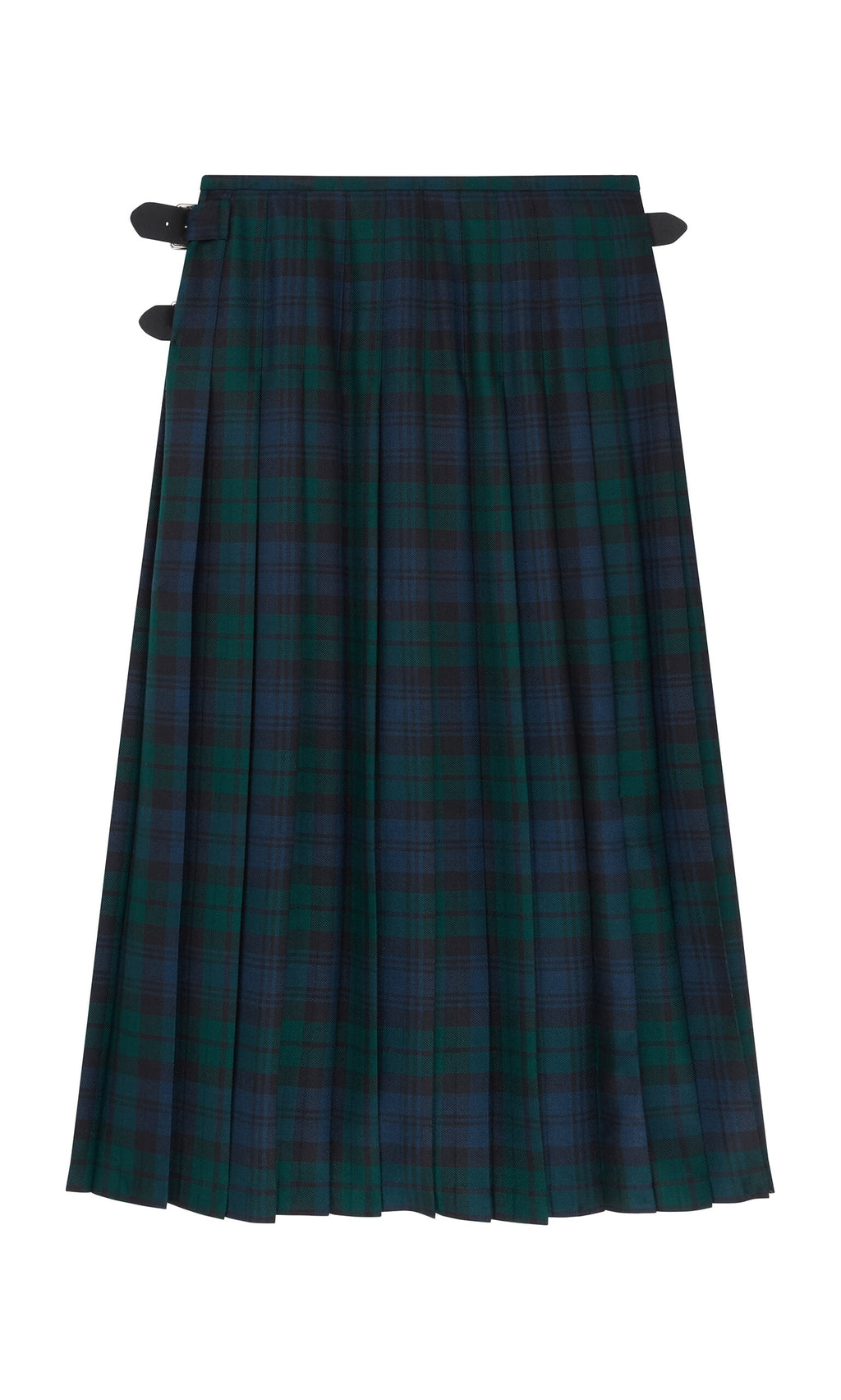 Plümo- The Blackwatch Kilt features green and blue tartan with pleats and black leather buckle straps on the side.