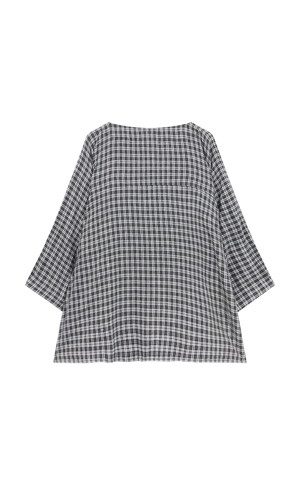 Plümo- Kelli Blouse - Plaid: black and white long-sleeve top with a loose fit, shown flat on a white background.