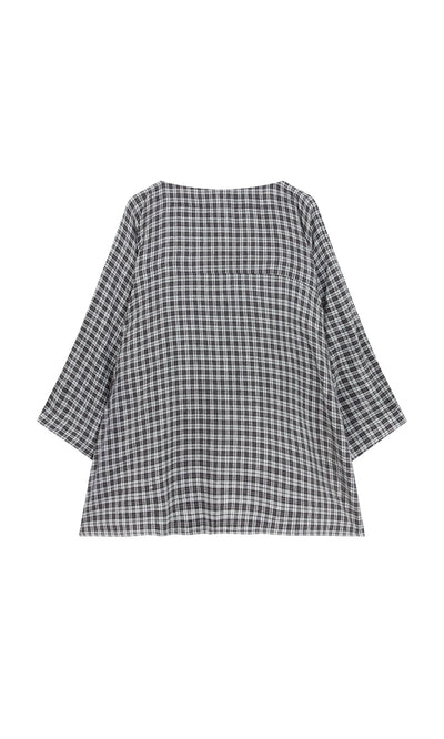 Plümo- Kelli Blouse - Plaid: black and white long-sleeve top with a loose fit, shown flat on a white background.