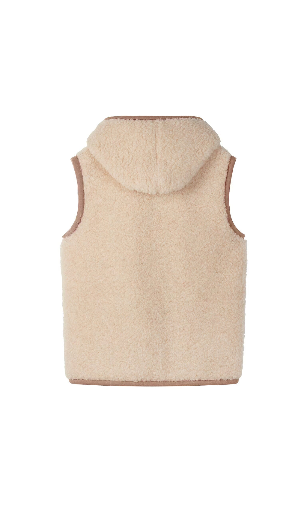 Plümo- Wool Gilet - Natural with hood and brown trim, shown from the back against a white background.