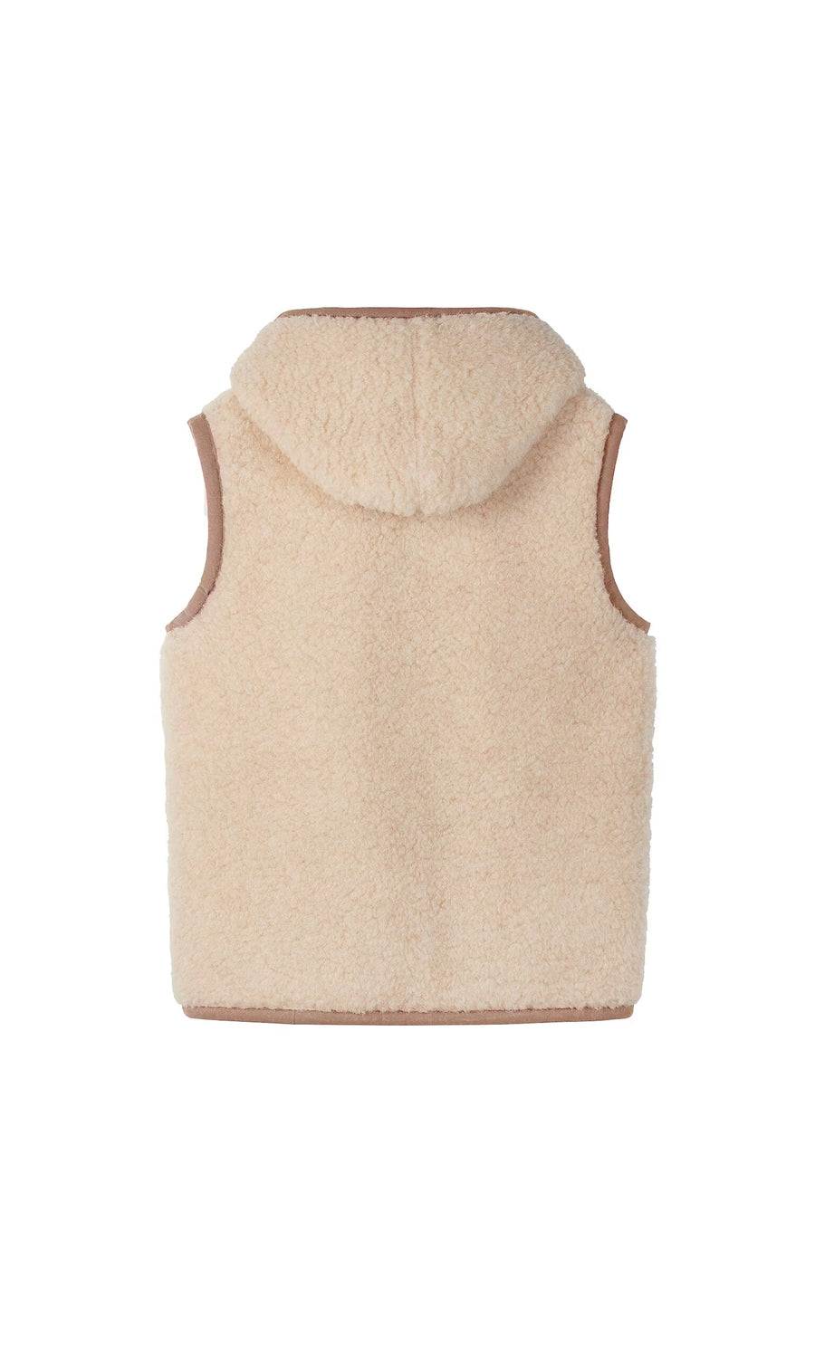 Plümo- Wool Gilet - Natural with hood and brown trim, shown from the back against a white background.