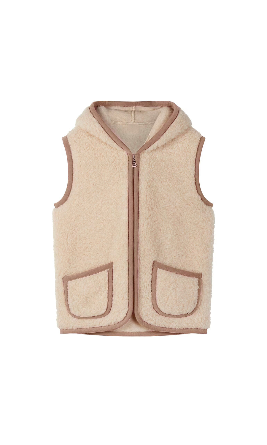 Plümo- Wool Gilet - Natural: Beige sleeveless lightweight gilet with front zipper, two pockets, and light brown piping.