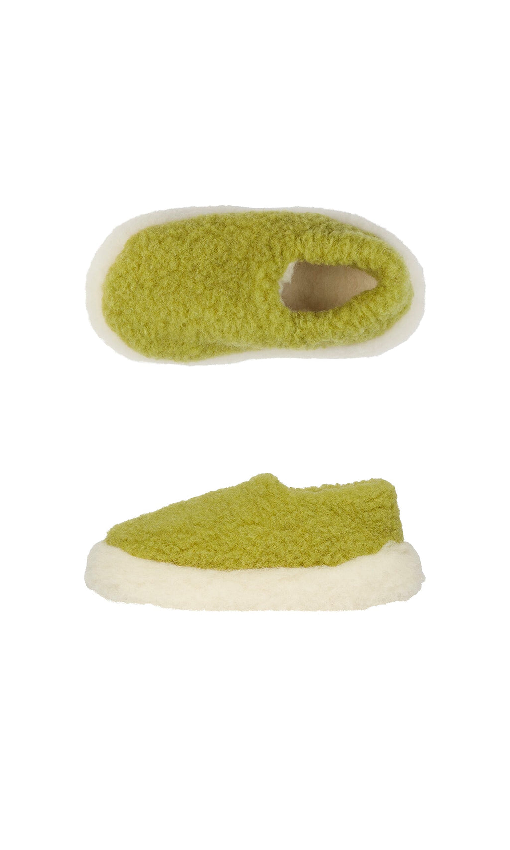 Plümo  Wool Slippers - Lime in green and white, side and top views, displayed on a plain white background.