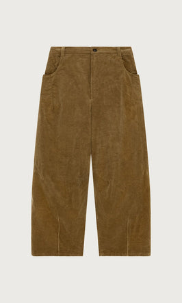 Plümo  Brown corduroy wide-leg pants with front pockets and a button closure, displayed on a white background.