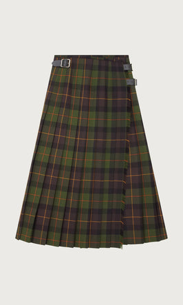 Plümo  Green and black tartan kilt with pleats and two black leather buckle straps on the waistband.