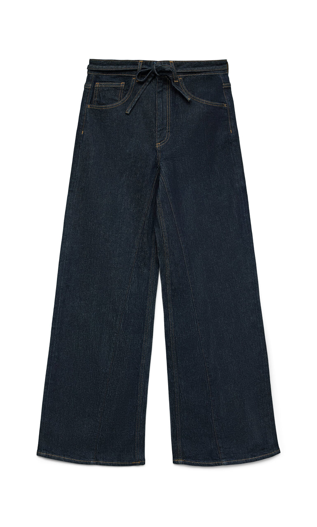 Plümo- Belted Wide Jeans in dark blue with high waist, wide legs, pockets, and yellow stitching, laid flat.