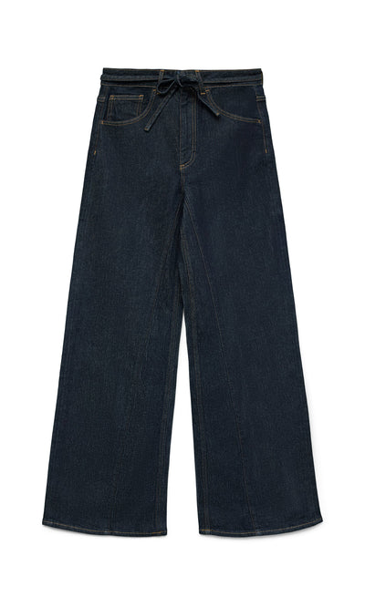 Plümo- Belted Wide Jeans in dark blue with high waist, wide legs, pockets, and yellow stitching, laid flat.