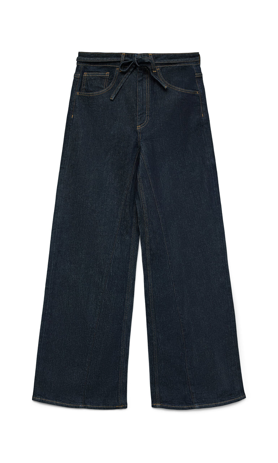 Plümo- Belted Wide Jeans in dark blue with high waist, wide legs, pockets, and yellow stitching, laid flat.