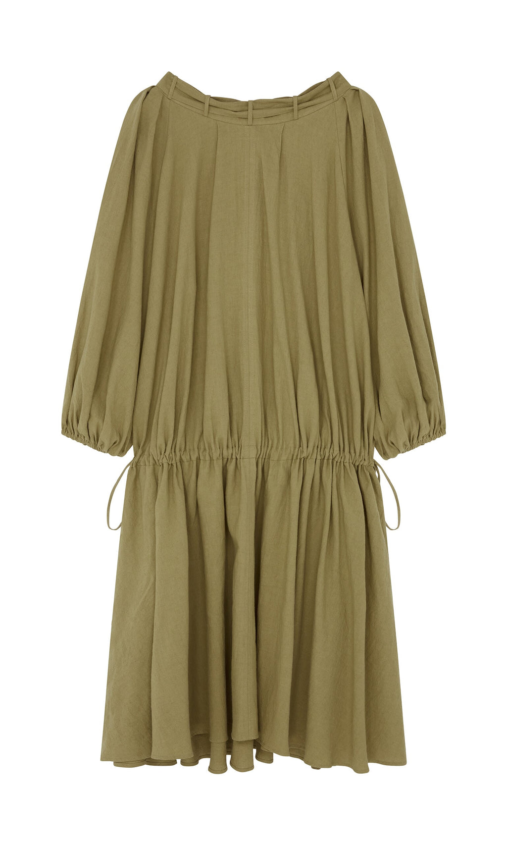 Plümo- Aiko Dress: Olive green, loose-fit linen dress with gathered waist, adjustable neckline, and tie details.