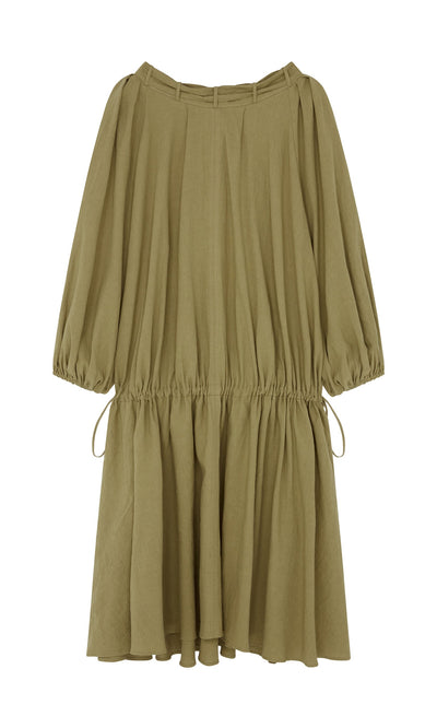 Plümo- Aiko Dress: Olive green, loose-fit linen dress with gathered waist, adjustable neckline, and tie details.