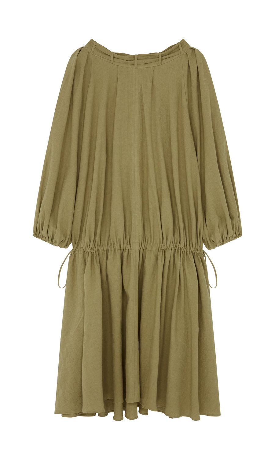 Plümo- Aiko Dress: Olive green, loose-fit linen dress with gathered waist, adjustable neckline, and tie details.