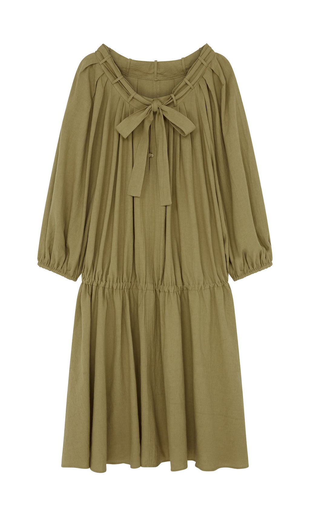 Plümo- Aiko Dress: Olive green, loose-fit linen with 3/4 sleeves, gathered waist, and adjustable neckline bow.