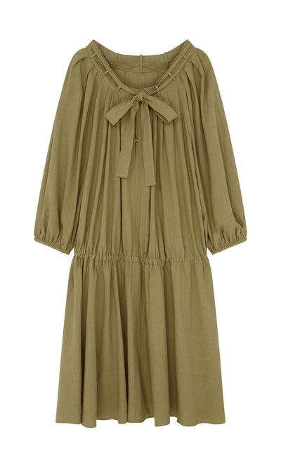Plümo- Aiko Dress: Olive green, loose-fit linen with 3/4 sleeves, gathered waist, and adjustable neckline bow.