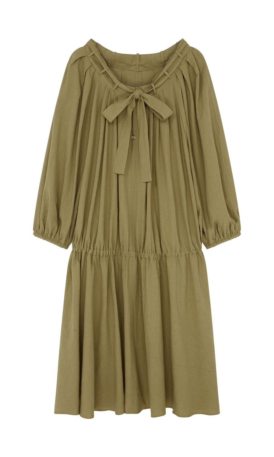 Plümo- Aiko Dress: Olive green, loose-fit linen with 3/4 sleeves, gathered waist, and adjustable neckline bow.