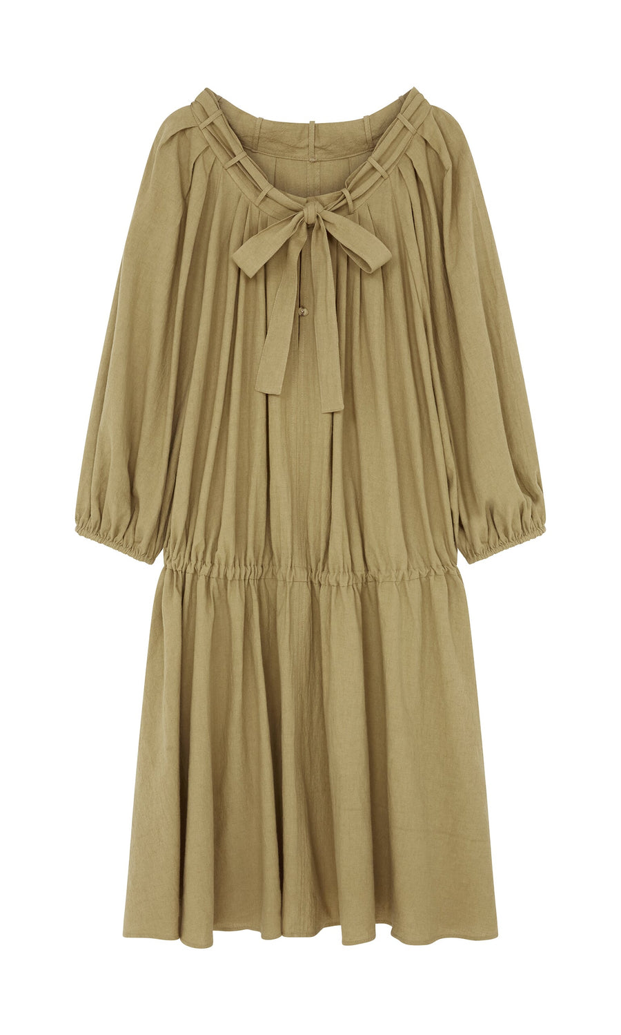 Plümo- Aiko Dress: Light brown linen with sculptural sleeves, tied bow neckline, and loose, flowy skirt.