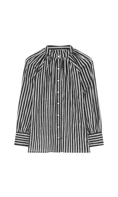 Plümo- Ailsa Blouse - Charcoal Stripe: black and white striped blouse with puffed sleeves, buttons, and a gathered neckline.