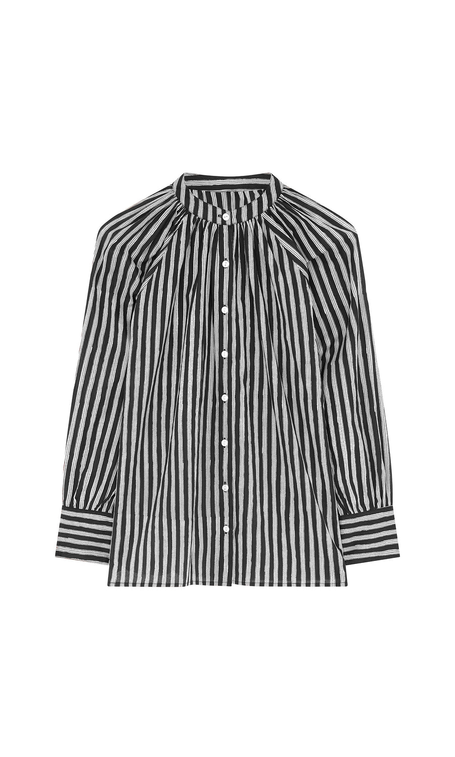 Plümo- Ailsa Blouse - Charcoal Stripe: black and white striped blouse with puffed sleeves, buttons, and a gathered neckline.