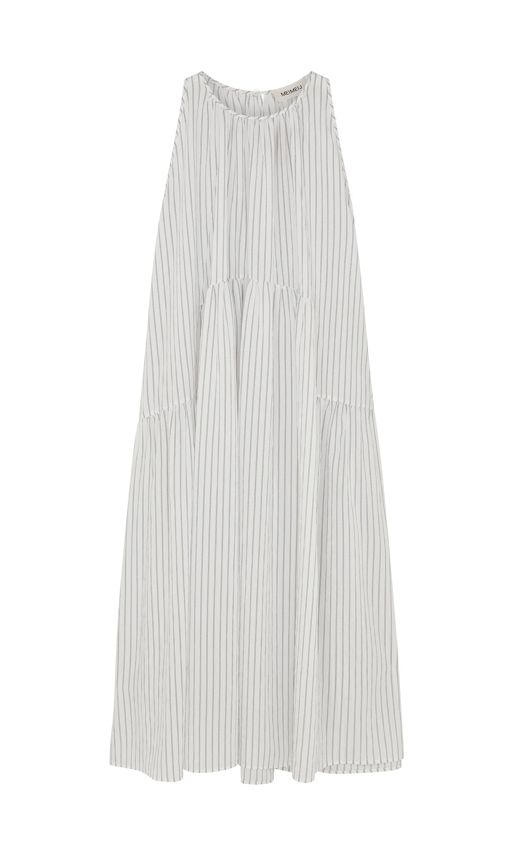 Plümo- Alba Stripe Dress: white, sleeveless with thin grey pinstripes and a loose, flowing fit.