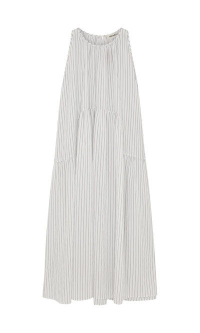 Plümo- Alba Stripe Dress: white, sleeveless with thin grey pinstripes and a loose, flowing fit.