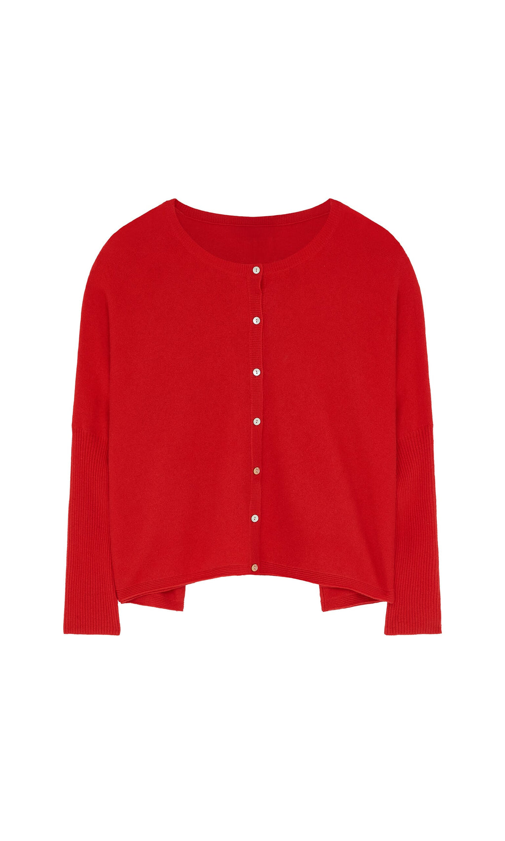 Plümo- The Alma Cardigan - Red: bright wool-cashmere, pearly buttons, rib-knit sleeves, cropped and loose fit.
