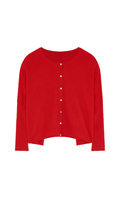 Plümo- The Alma Cardigan - Red: bright wool-cashmere, pearly buttons, rib-knit sleeves, cropped and loose fit.