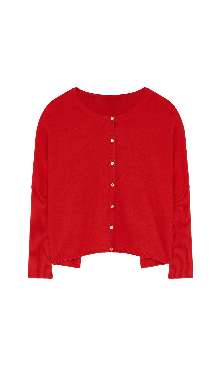 Plümo- The Alma Cardigan - Red: bright wool-cashmere, pearly buttons, rib-knit sleeves, cropped and loose fit.