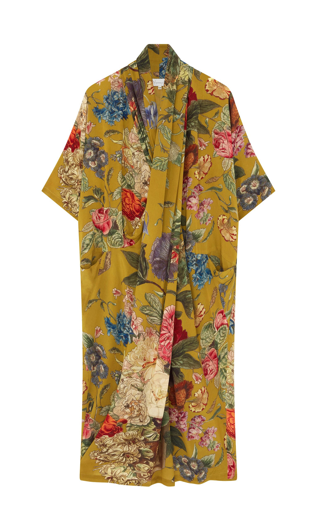 Plümo- Amber Twist Dress in cupro viscose crepe features short sleeves and a vibrant yellow botanical print.
