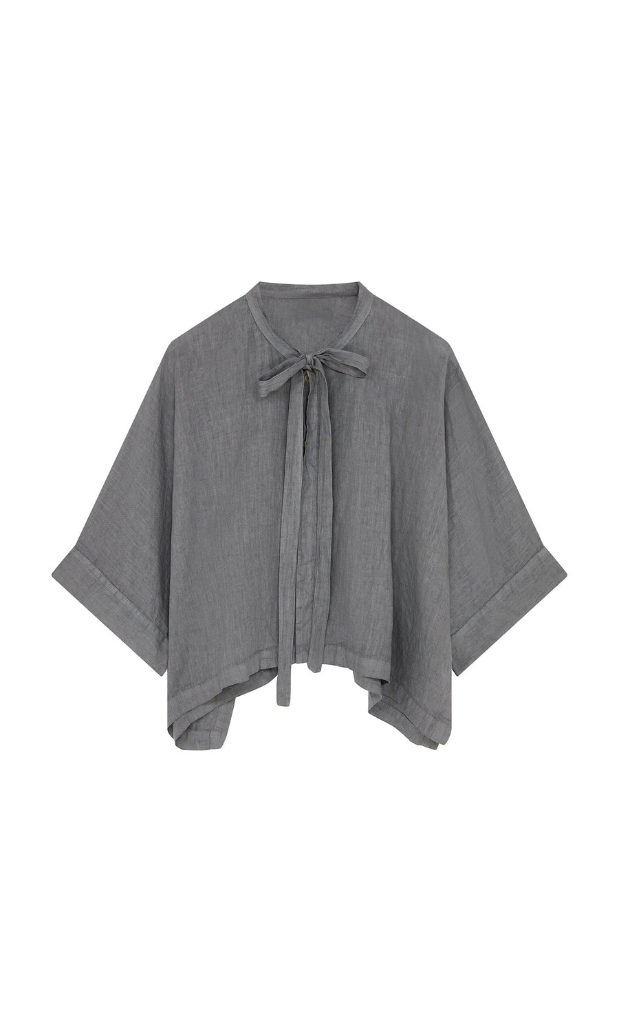 Plümo- The Antoine Blouse - Grey features wide sleeves, a ribbon necktie, and a loose fit in anthracite linen.