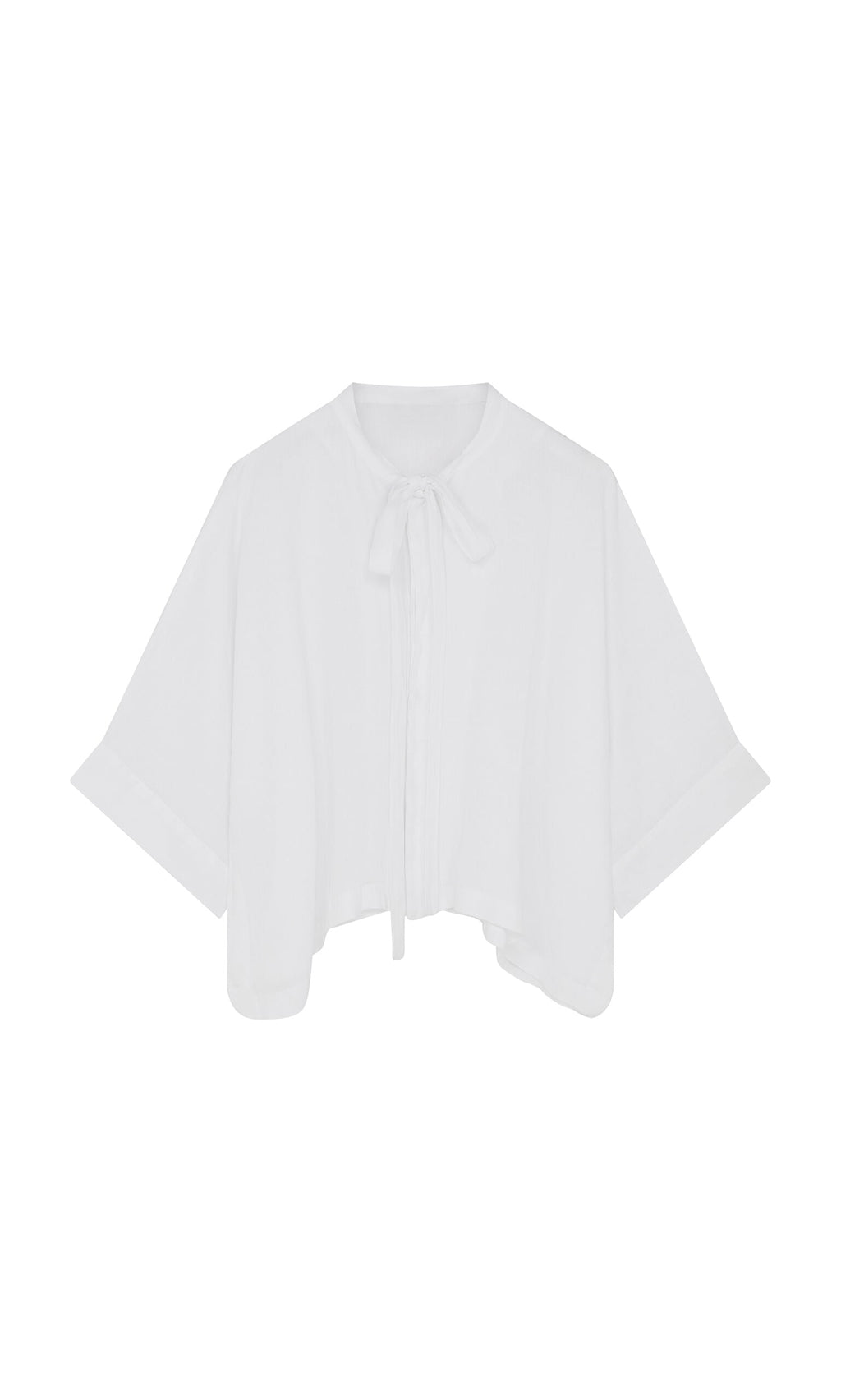Plümo- Antoine Blouse - White: linen shirt with wide short sleeves and a ribbon necktie, shown flat on white background.