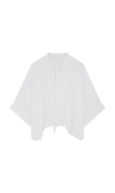 Plümo- Antoine Blouse - White: linen shirt with wide short sleeves and a ribbon necktie, shown flat on white background.