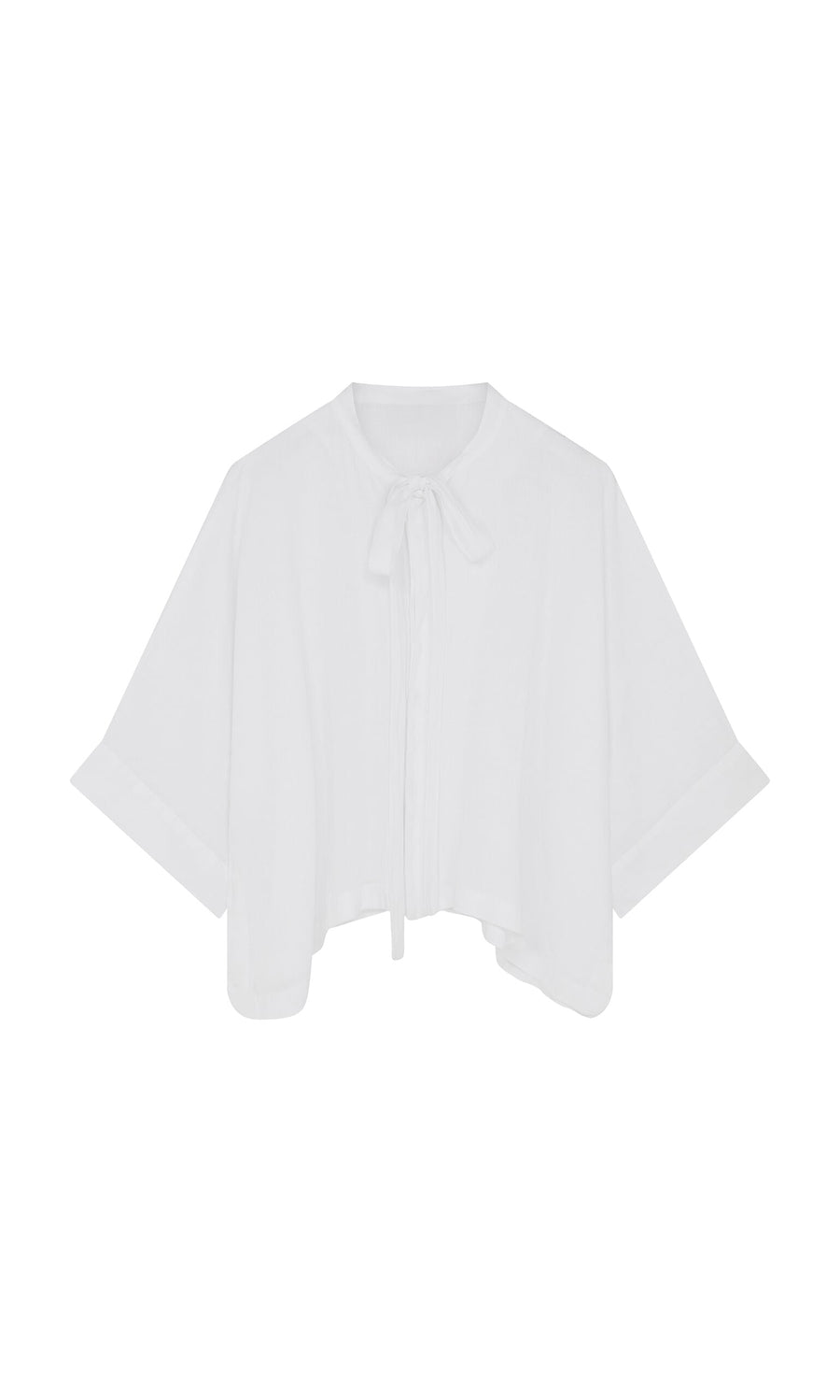 Plümo- Antoine Blouse - White: linen shirt with wide short sleeves and a ribbon necktie, shown flat on white background.