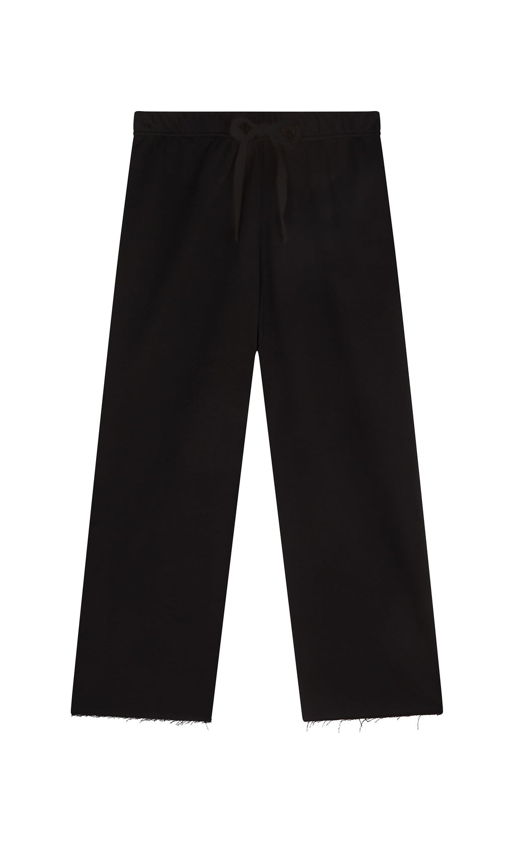 Plümo - Gabriella Pants—black cotton jersey with an elasticated drawstring waist and raw hems, shown on a white background.