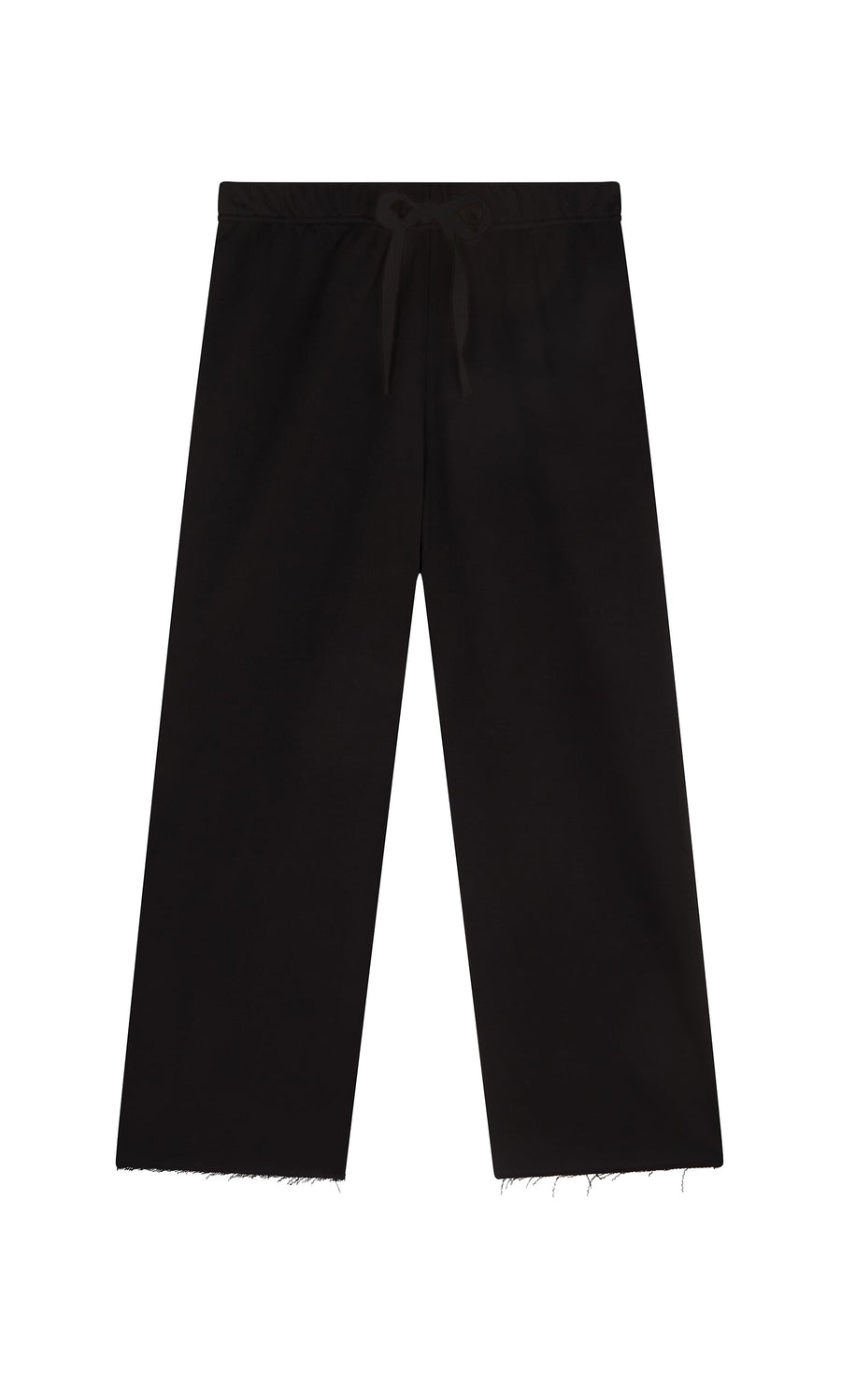 Plümo - Gabriella Pants—black cotton jersey with an elasticated drawstring waist and raw hems, shown on a white background.