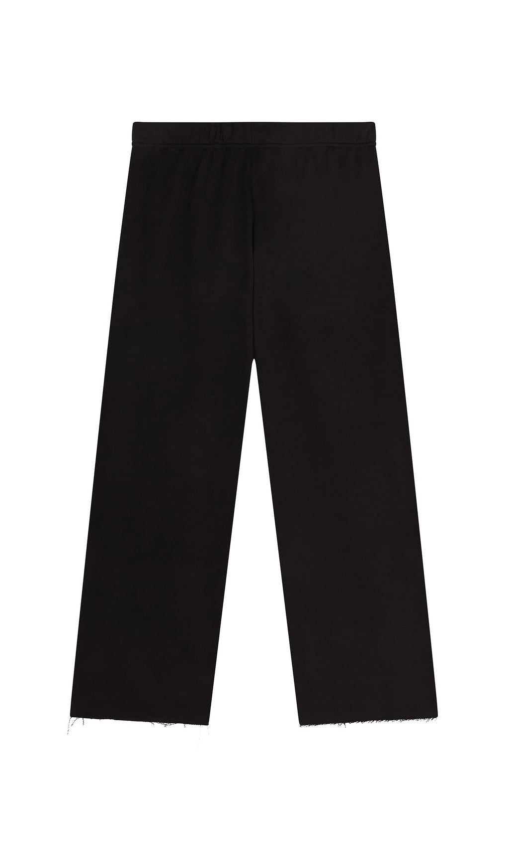 Plümo - Gabriella Pants: black wide-leg cotton jersey trousers with an elastic drawstring waist and raw hems, shown on white.