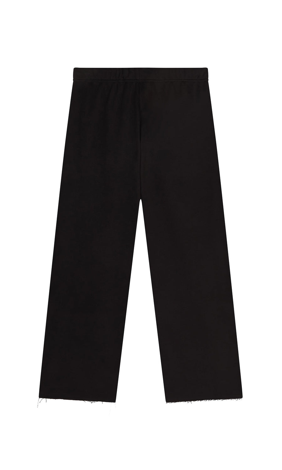 Plümo - Gabriella Pants: black wide-leg cotton jersey trousers with an elastic drawstring waist and raw hems, shown on white.