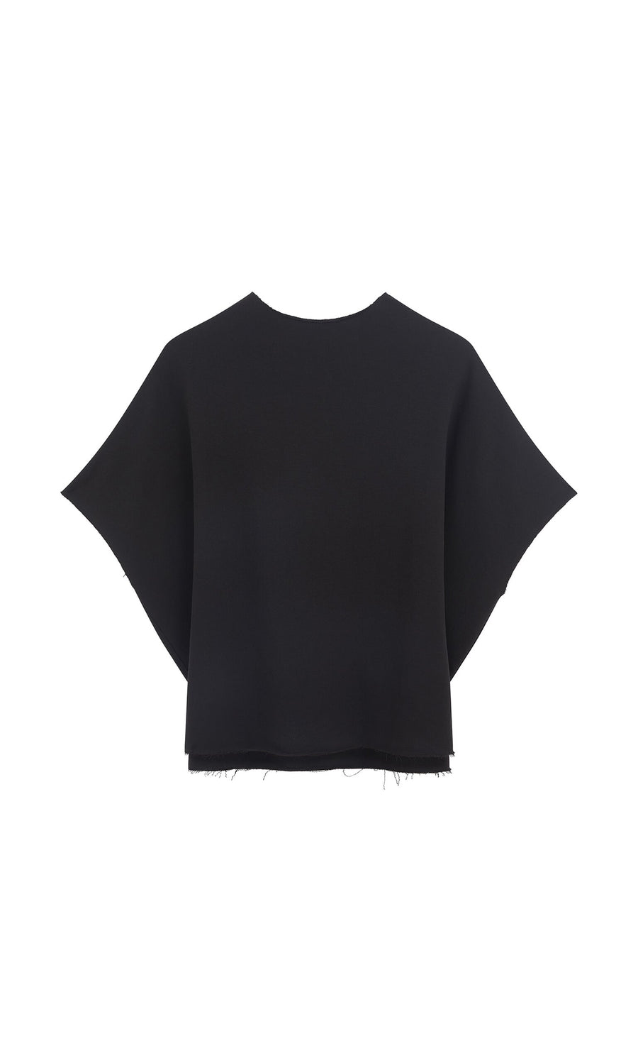 Plümo- Gabriella Top: Black boxy cotton jersey with a trapezium silhouette, wide sleeves, and raw edges on white background.