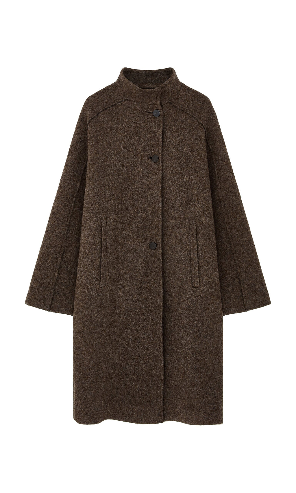 Plümo- Babette Coat: Brown felted Italian wool with high collar, wide sleeves, and front pockets, shown on white background.
