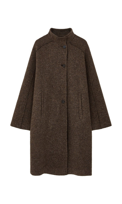 Plümo- Babette Coat: Brown felted Italian wool with high collar, wide sleeves, and front pockets, shown on white background.