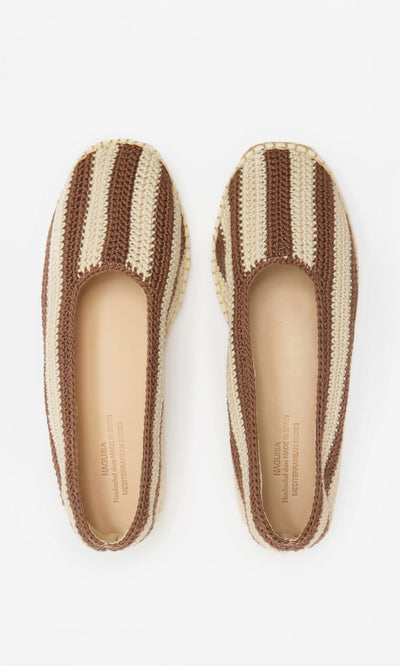 Plümo- A pair of Basque Espadrilles with brown and cream vertical stripes, seen from above on a white background.
