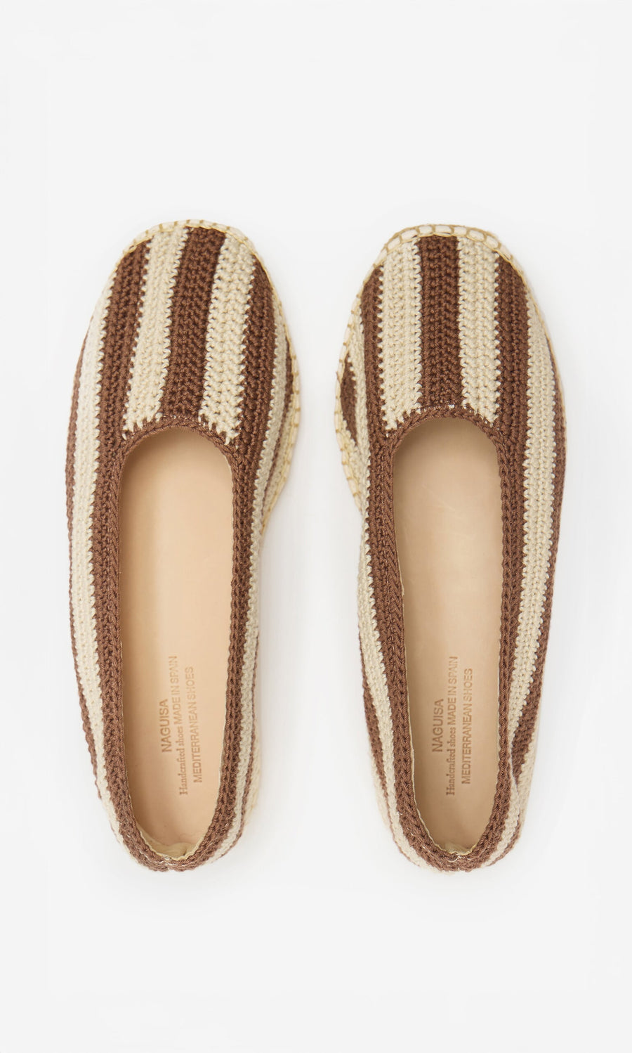 Plümo- A pair of Basque Espadrilles with brown and cream vertical stripes, seen from above on a white background.