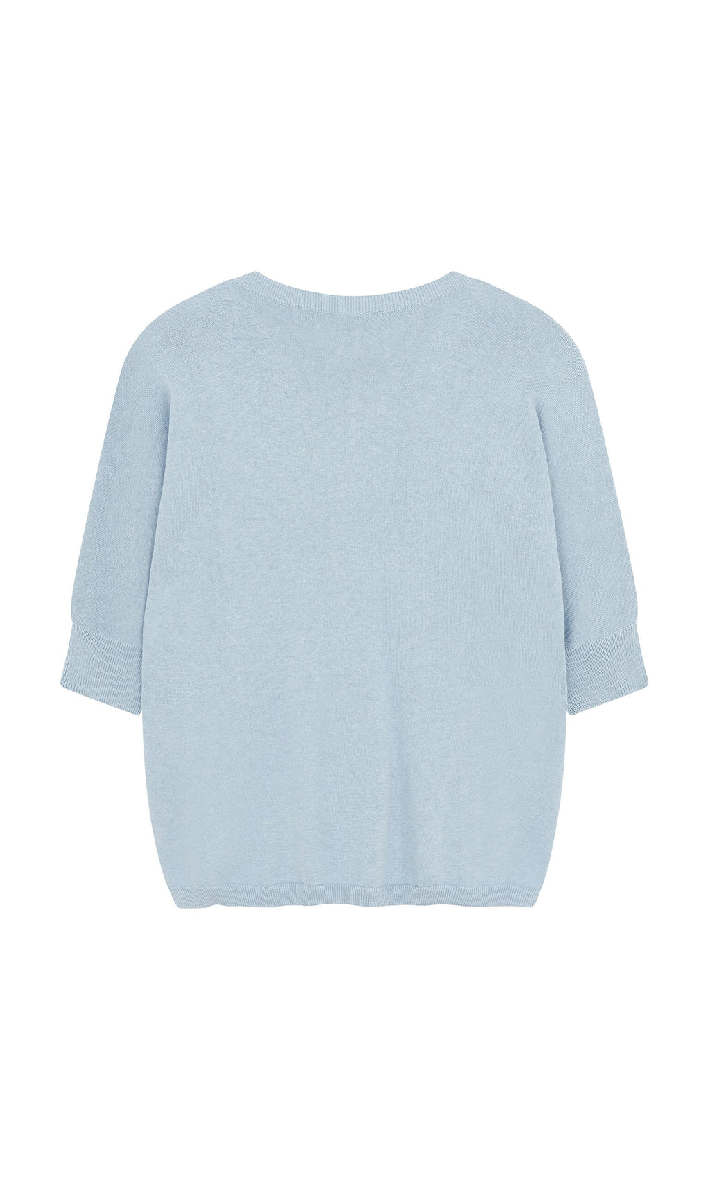 Plümo- Light blue Batwing Jumper with short sleeves and relaxed fit, back view on white background.