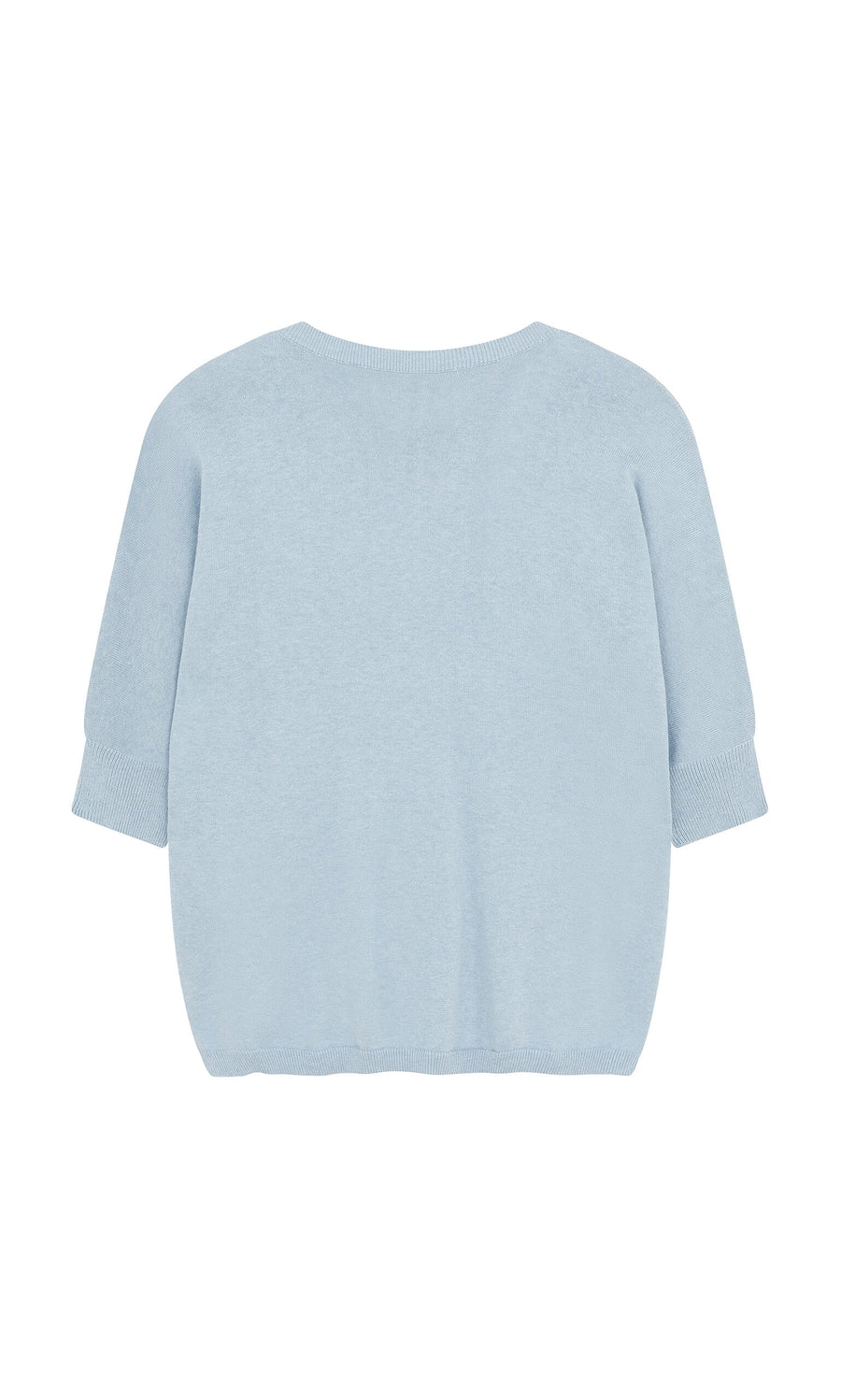 Plümo- Light blue Batwing Jumper with short sleeves and relaxed fit, back view on white background.