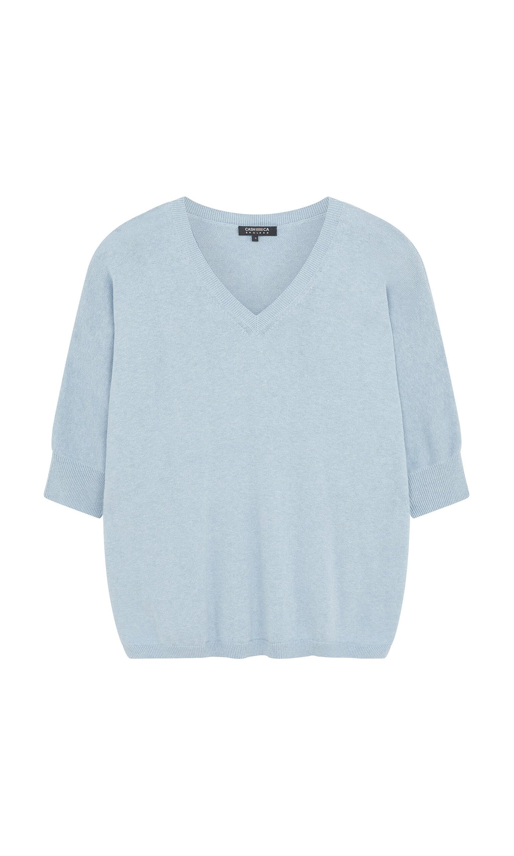 Plümo- Light blue Batwing Jumper with relaxed fit and ribbed cuffs, V-neck, laid flat on a white background.
