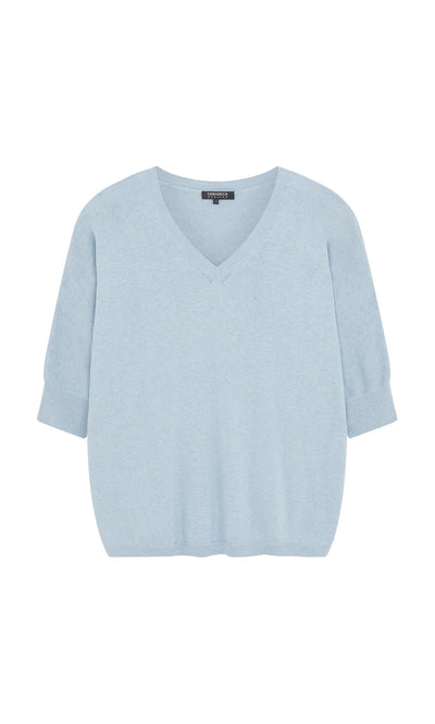 Plümo- Light blue Batwing Jumper with relaxed fit and ribbed cuffs, V-neck, laid flat on a white background.