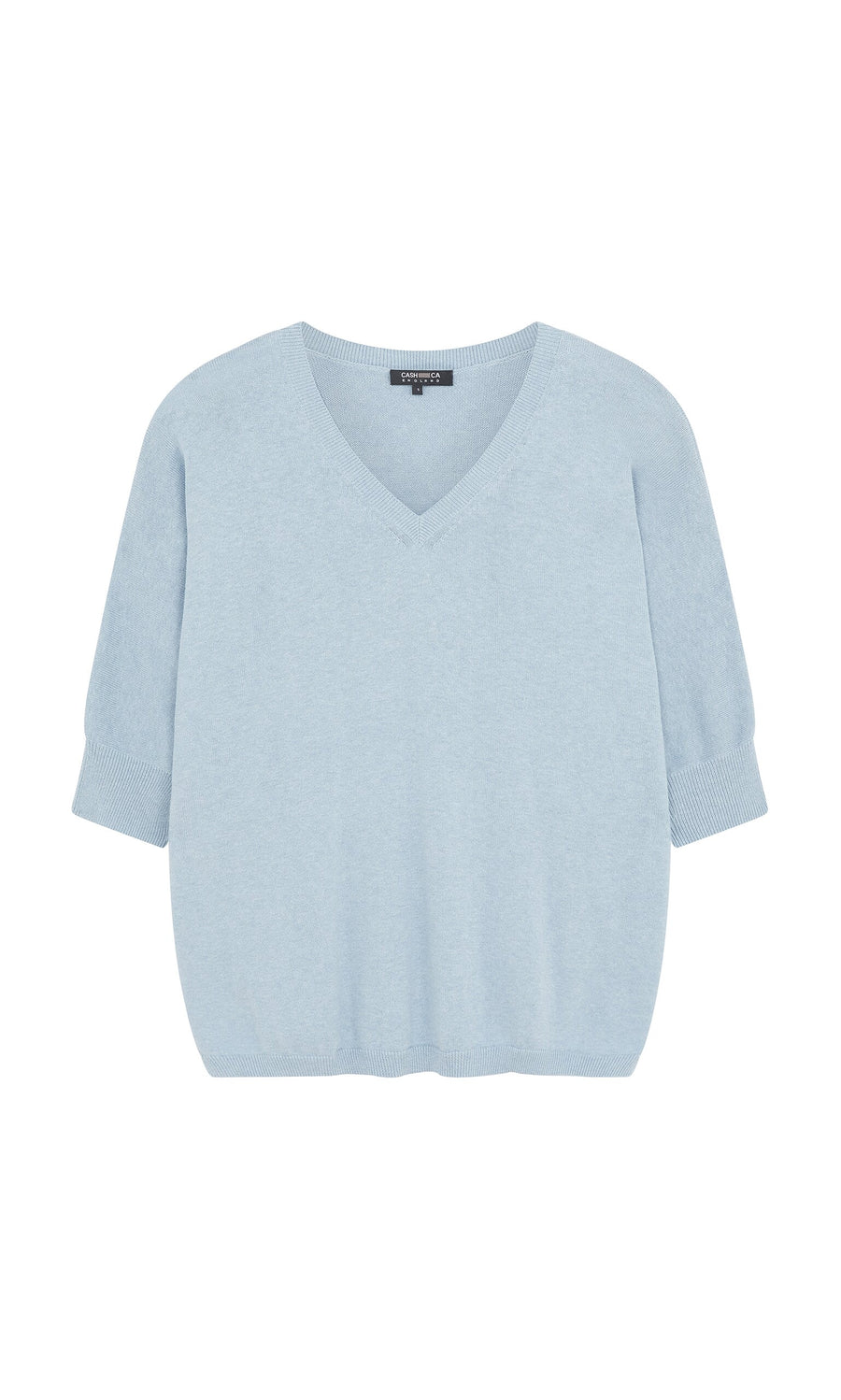 Plümo- Light blue Batwing Jumper with relaxed fit and ribbed cuffs, V-neck, laid flat on a white background.