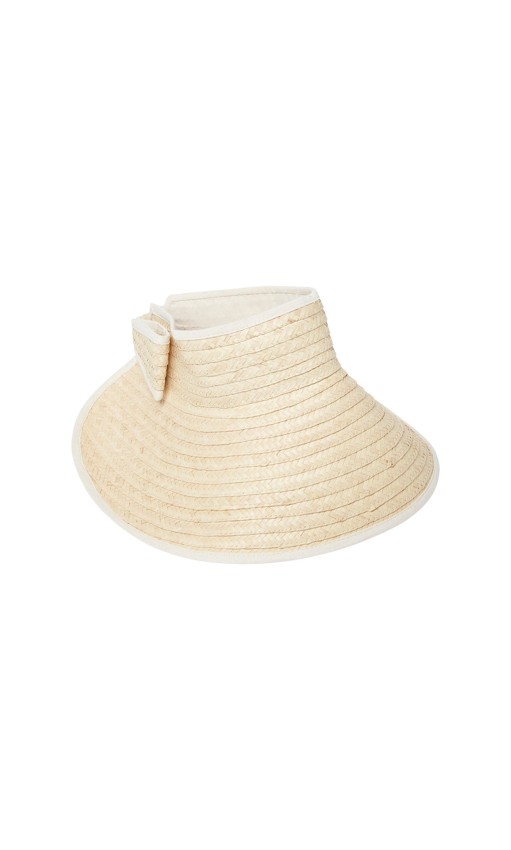 Plümo- Bay Sun Hat: Beige woven wide brim, decorative bow, adjustable fit—an elegant sun hat against a white background.