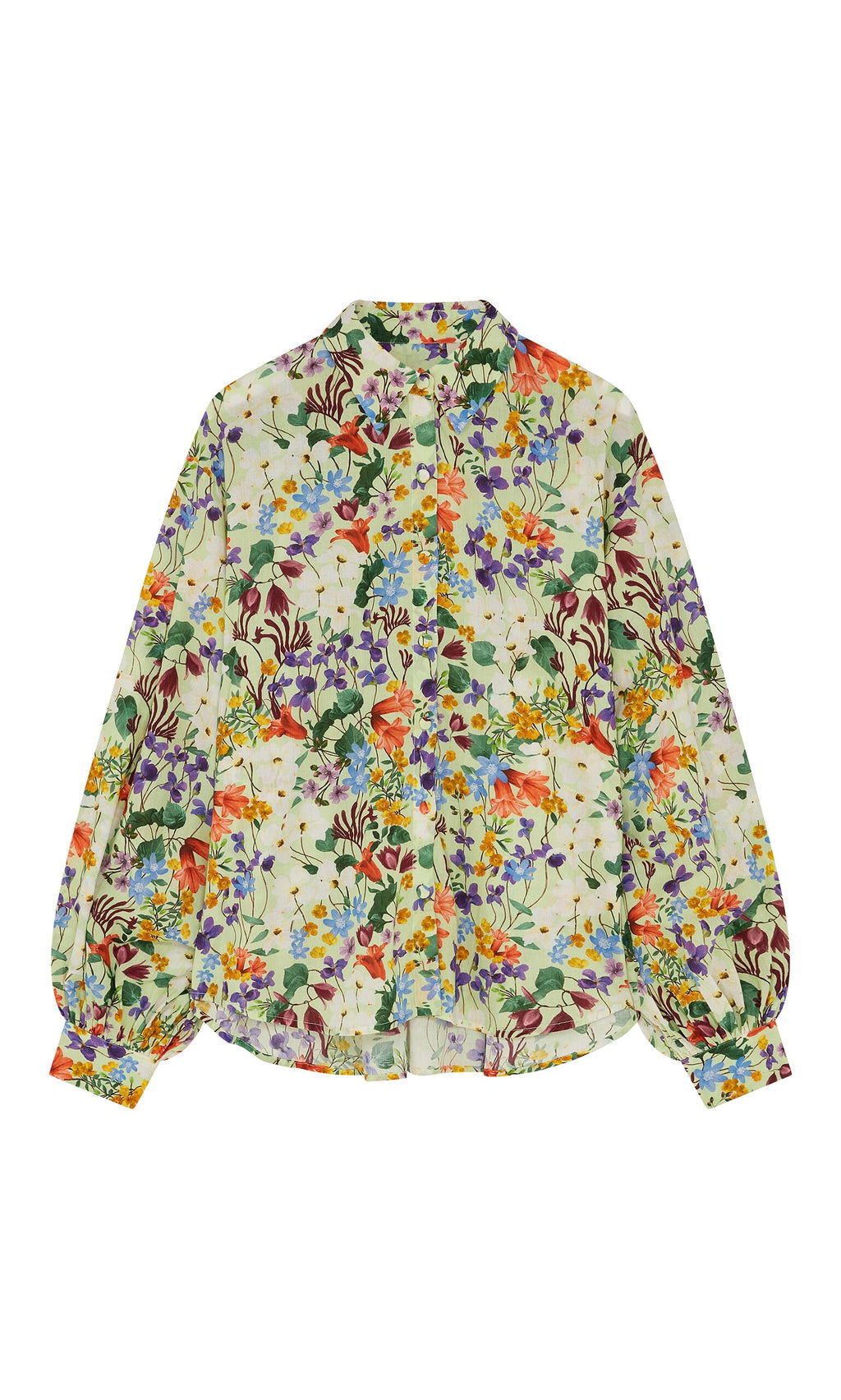Plümo- Beauvais Blouse: relaxed-fit, long-sleeve top with colorful floral print on a light background and cuffed sleeves.