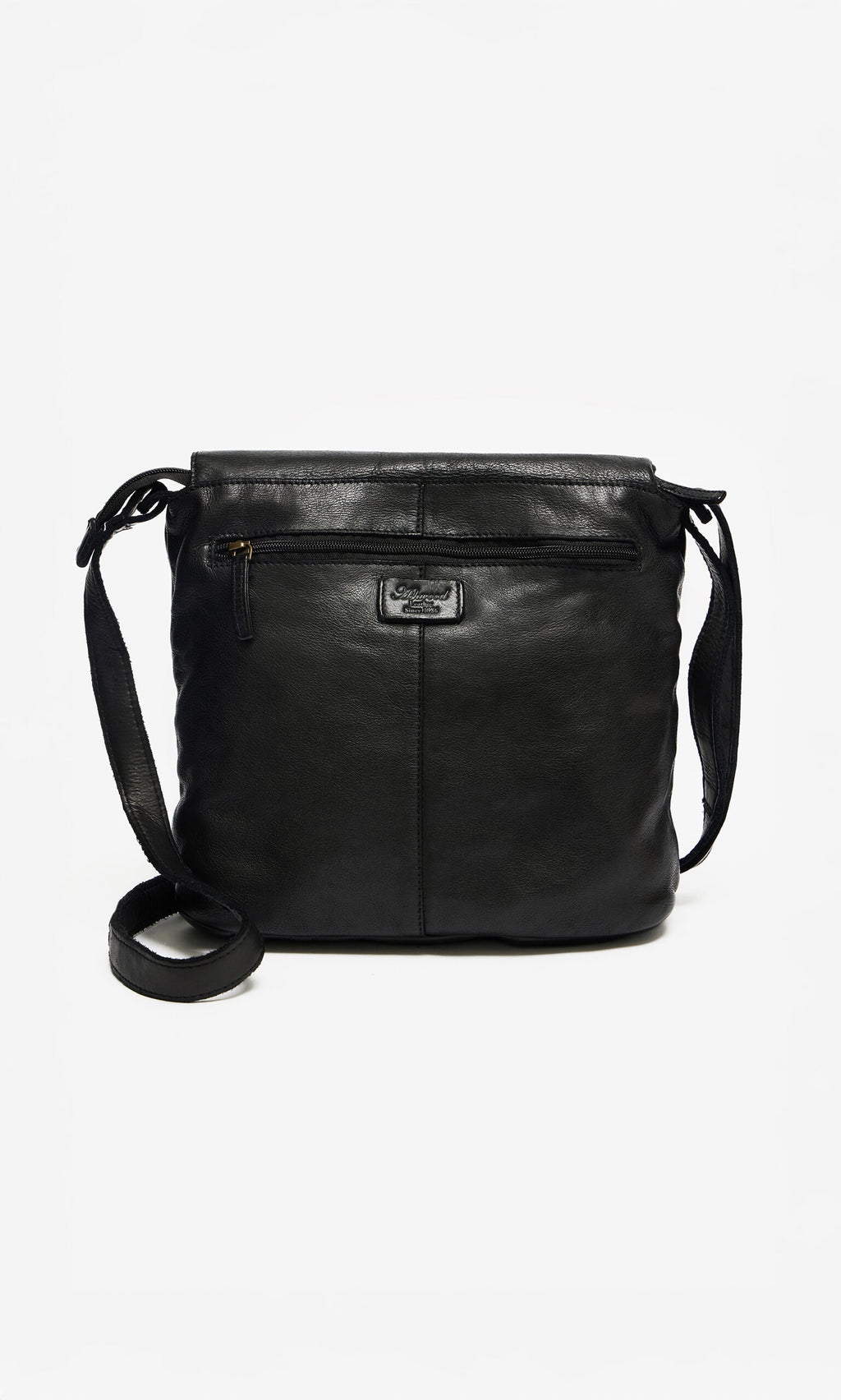 Plümo- Beck Crossbody Bag in black leather with front zipper pocket and adjustable strap, displayed on white background.